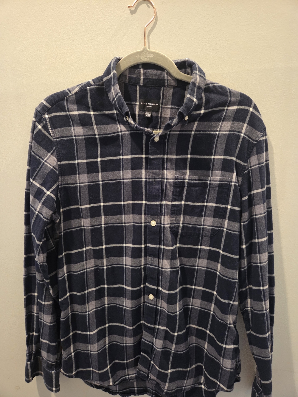 Club Monaco Navy and White Plaid Button-Up Shirt